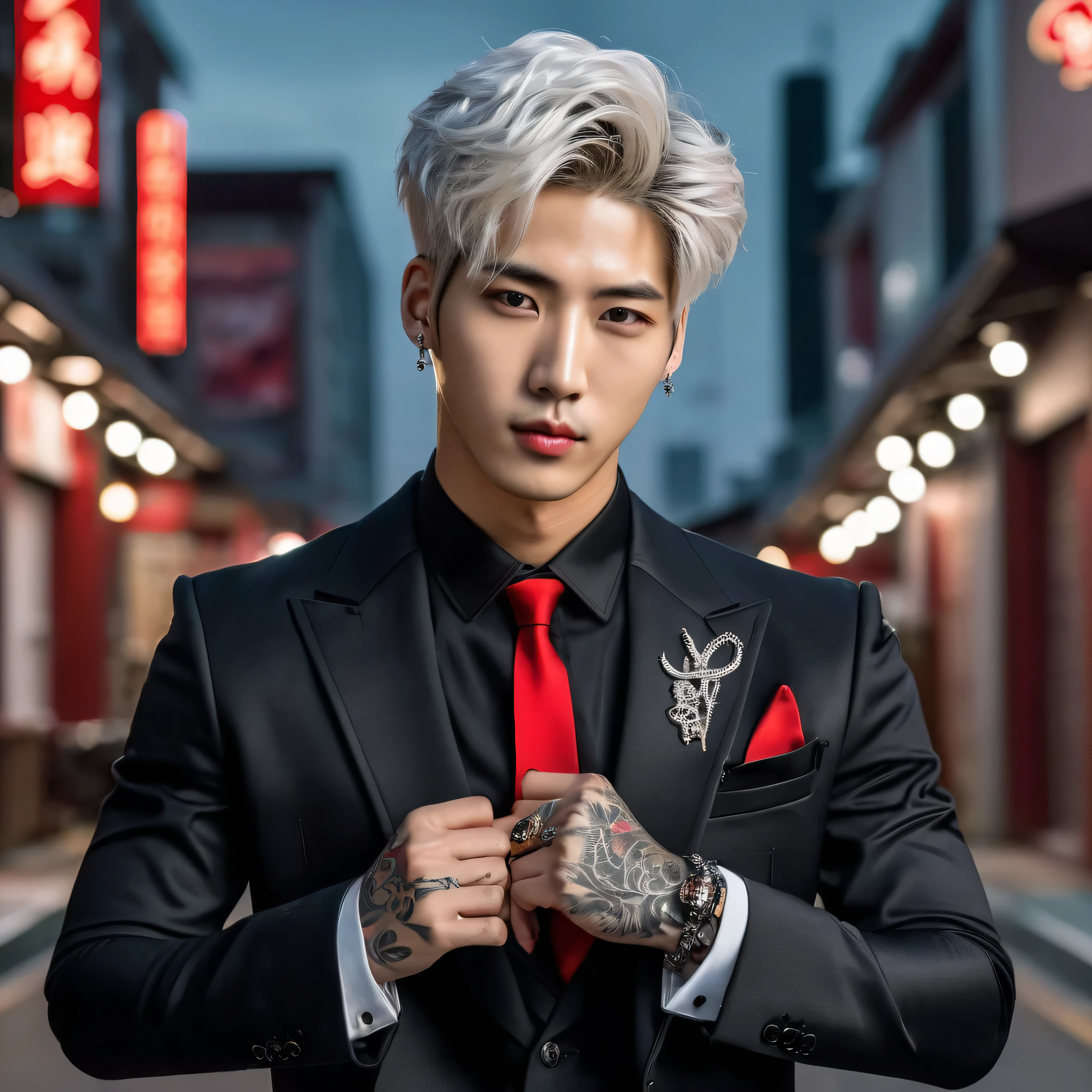 Photo 8,000, best quality, Masterpiece, realistic, photo-realistic young handsome man, Mark Tuan Got7, white skin, detailed face, Bright gray eyes., Platinum gray hair, short wavy hair., Black long-sleeved suit and red tie, bad boy, Yakuza tattoos, gun holding position, Night city in the background, cross earrings, necklace, Full body portrait shot, taken from a distance