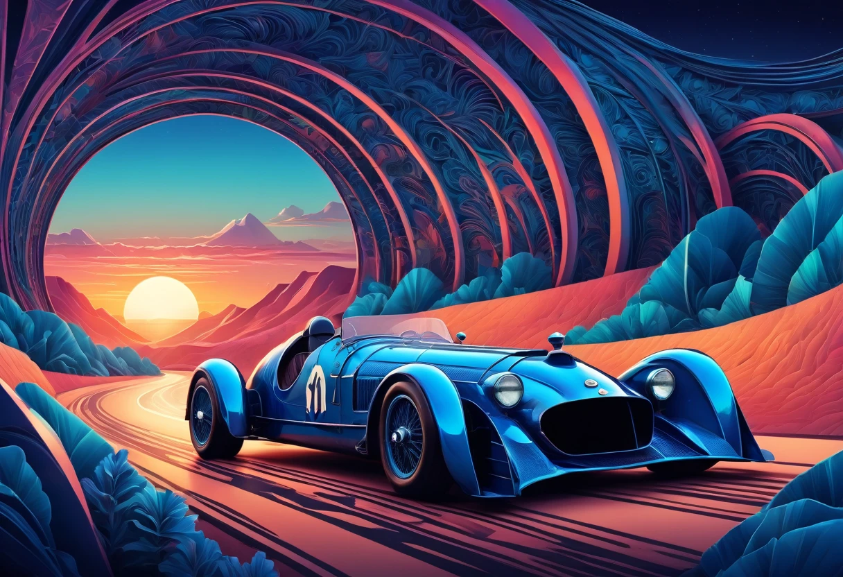 (best quality, highres), Marija,stunning and magical woman driving a mgical old racing car, magical sunset, vaporwave old school racing car, on the road, speed,  in blue tones, zentangle, 3d crunch, cinematic,