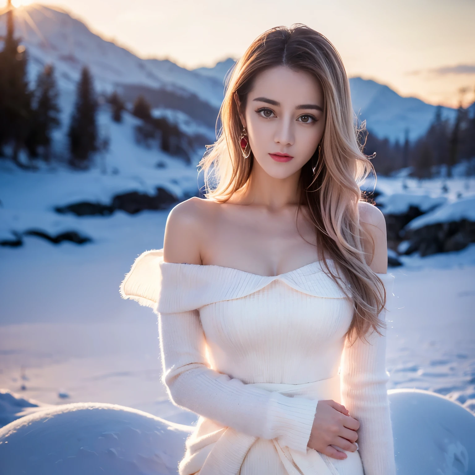 ((top quality、8k、Masterpiece:1.3))、Extremely delicate and beautiful girl,full-body shot,huge breasts,bigger breasts,amazing breast size,G cup。Wear big earrings,Very white skin,moist red lips,Waist is very thin,Thighs are very thin,big butt,fair and smooth skin,Smooth and fair skin,flawless skin,Fair and shiny skin,cold white skin,The camera focuses on the chest,Bright light,white sweater,Lower body exposed,bare shoulders,light pink hair,The hair is light pink,heavy snow,snow mountain,sunset,lake