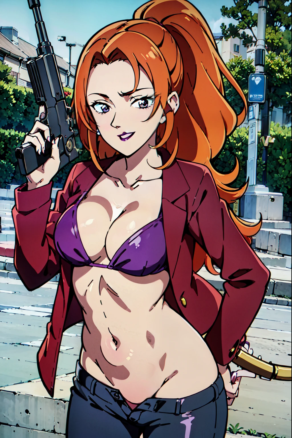 ((masterpiece,high quality,4k)),beutiful women,beautiful delicated eyelashes,red hair,(purple lips),wavy hair, masterpiece, best quality, highly detailed, a girls with a gun, evil smile , open mouth, sexy gaze, badass
pose , evil smile, smile, (nsfw) not safe for work, guns blazing, anime girl with long hair, beautiful long
haired girl, navel, evil expression, exposed belly, exposed navel, exposed midriff, exposed lower belly,
long black pants, crop top, cleavage, unbuttoned leather pants ,open fly, low rise black leather pants,
leather jacket, holding a gun, outdoor,street,road