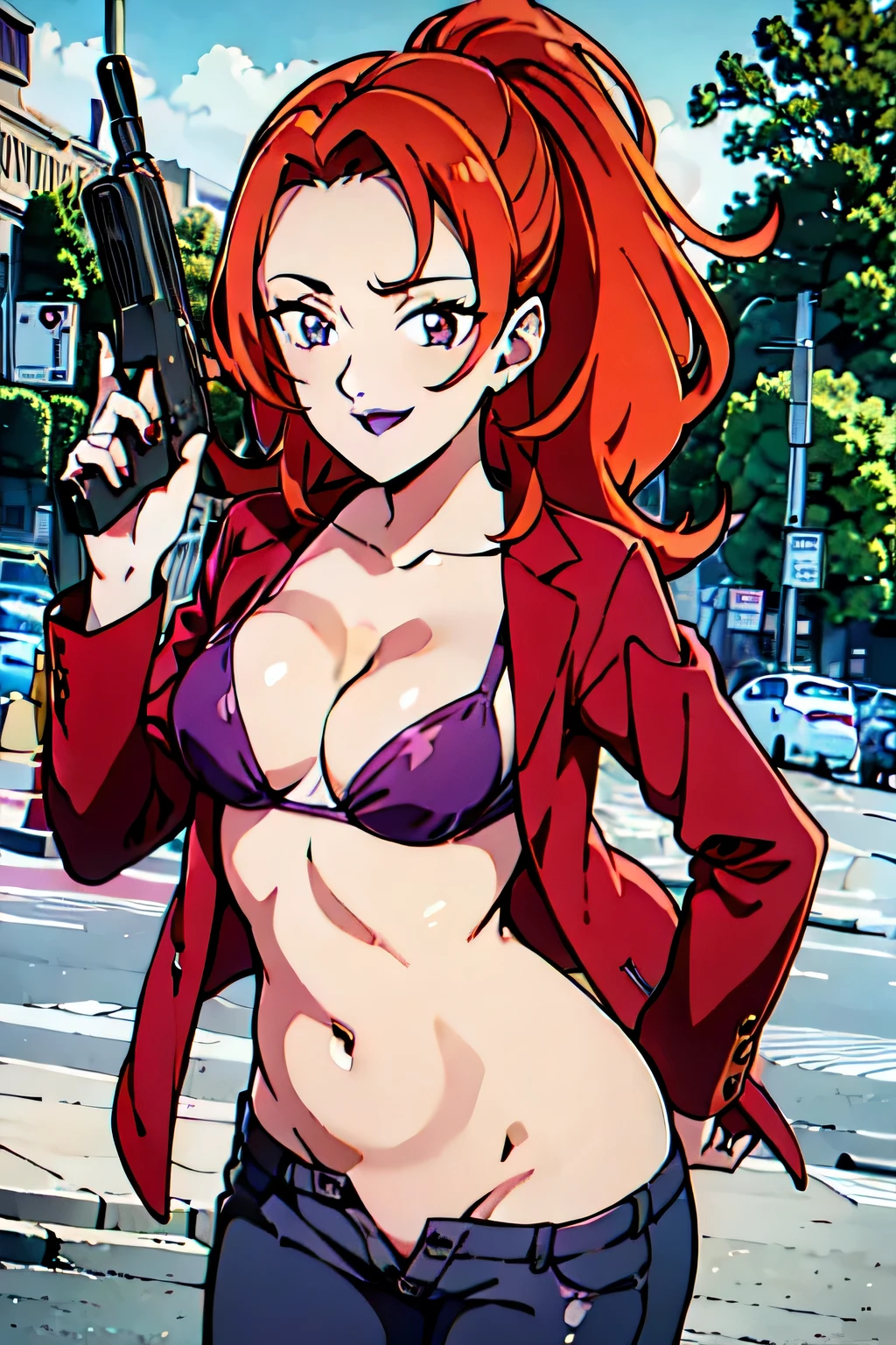 ((masterpiece,high quality,4k)),beutiful women,beautiful delicated eyelashes,red hair,(purple lips),wavy hair, masterpiece, best quality, highly detailed, a girls with a gun, evil smile , open mouth, sexy gaze, badass
pose , evil smile, smile, (nsfw) not safe for work, guns blazing, anime girl with long hair, beautiful long
haired girl, navel, evil expression, exposed belly, exposed navel, exposed midriff, exposed lower belly,
long black pants, crop top, cleavage, unbuttoned leather pants ,open fly, low rise black leather pants,
leather jacket, holding a gun, outdoor,street,road