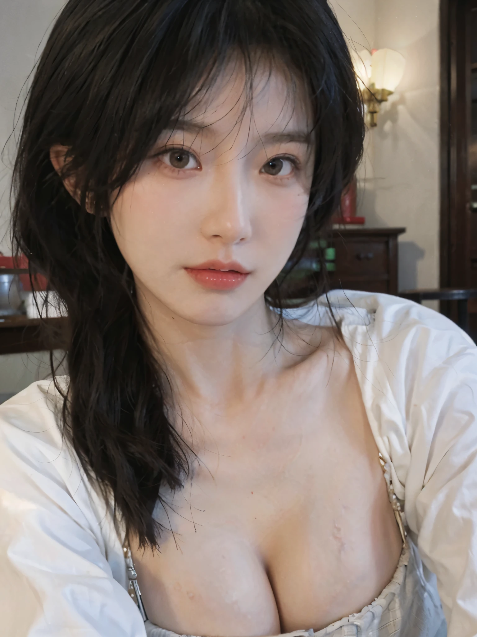 best quality, ultra high resolution, (realistically:1.4), a girl, A pair of clear and charming peach blossom eyes,Royal sister,a sense of atmosphere,a beautiful girl(faded gray hair:1), (Big cleavage:1.3), looking at the audience, Close-up cleavage ,