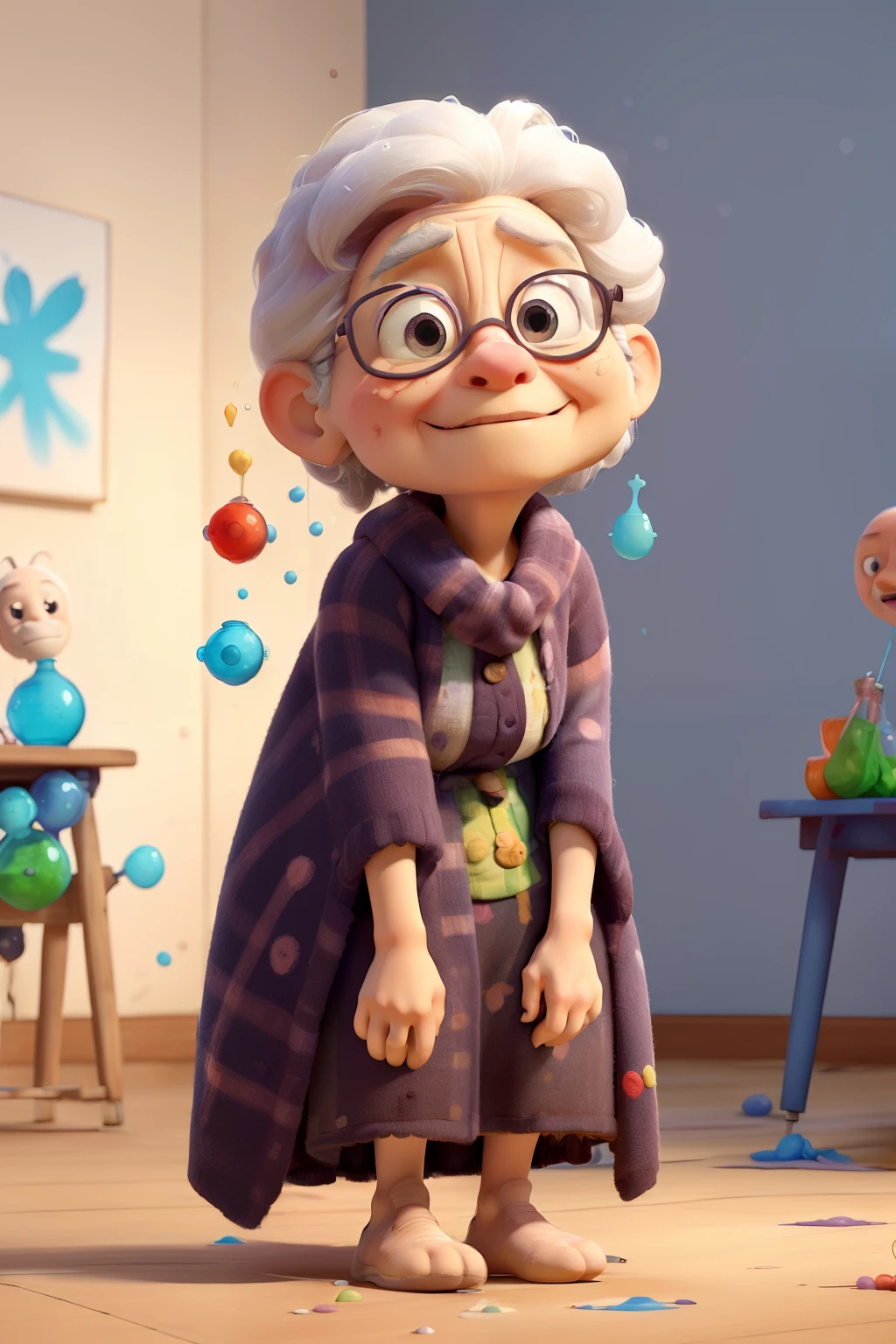 The ailing grandmother appears frail, with gray or white hair, delicate features, and a weary expression.  She may be wrapped in blankets, with a pale complexion and tired eyes, conveying her illness and vulnerability.  (The style of art emphasizes simplicity, vibrant colors, playful themes, and emotional expression, encouraging experimentation and creativity in a fun and inclusive environment.:1.5)  It celebrates authentic expression, imaginative exploration, and joyful creativity, nurturing children's artistic development and emotional communication.