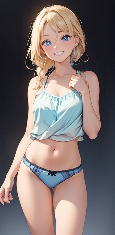 Realistic、1house wife、blonde hair、braid、blue eyes、(eye focus:1.3,face focus,cowboy shot),(gradient eyes:1.3),(camisole　sexy　panties
)、open mouth,(grin:1.3),forehead,cute face、finger to mouth,