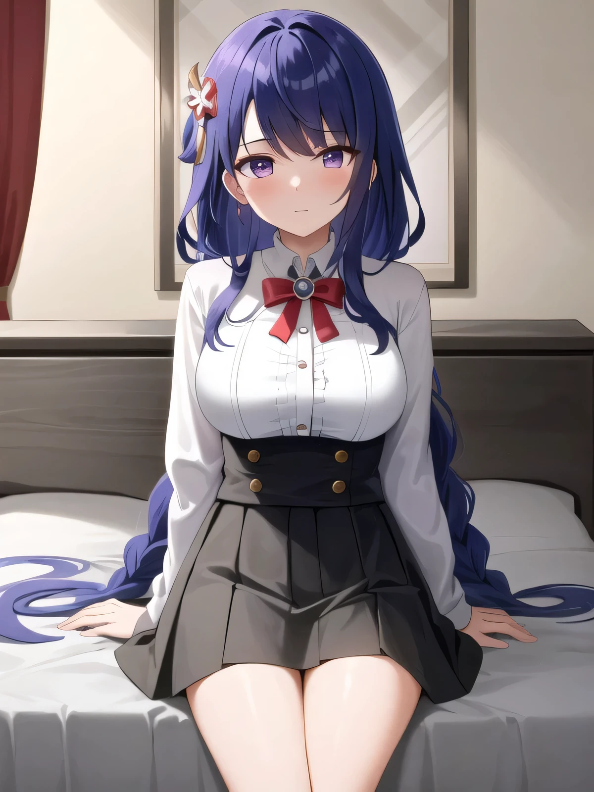 (masterpiece, best quality, super detailed), General Thunder \(Genshin Impact\), (#4143 color hair), Scan your bangs, long hair braids, braid bangs, purple eyes,,
(long skirt), Sitting on hotel bed,Black,
big breasts, Put your arms behind your back, shy face, Strong and seductive expression.