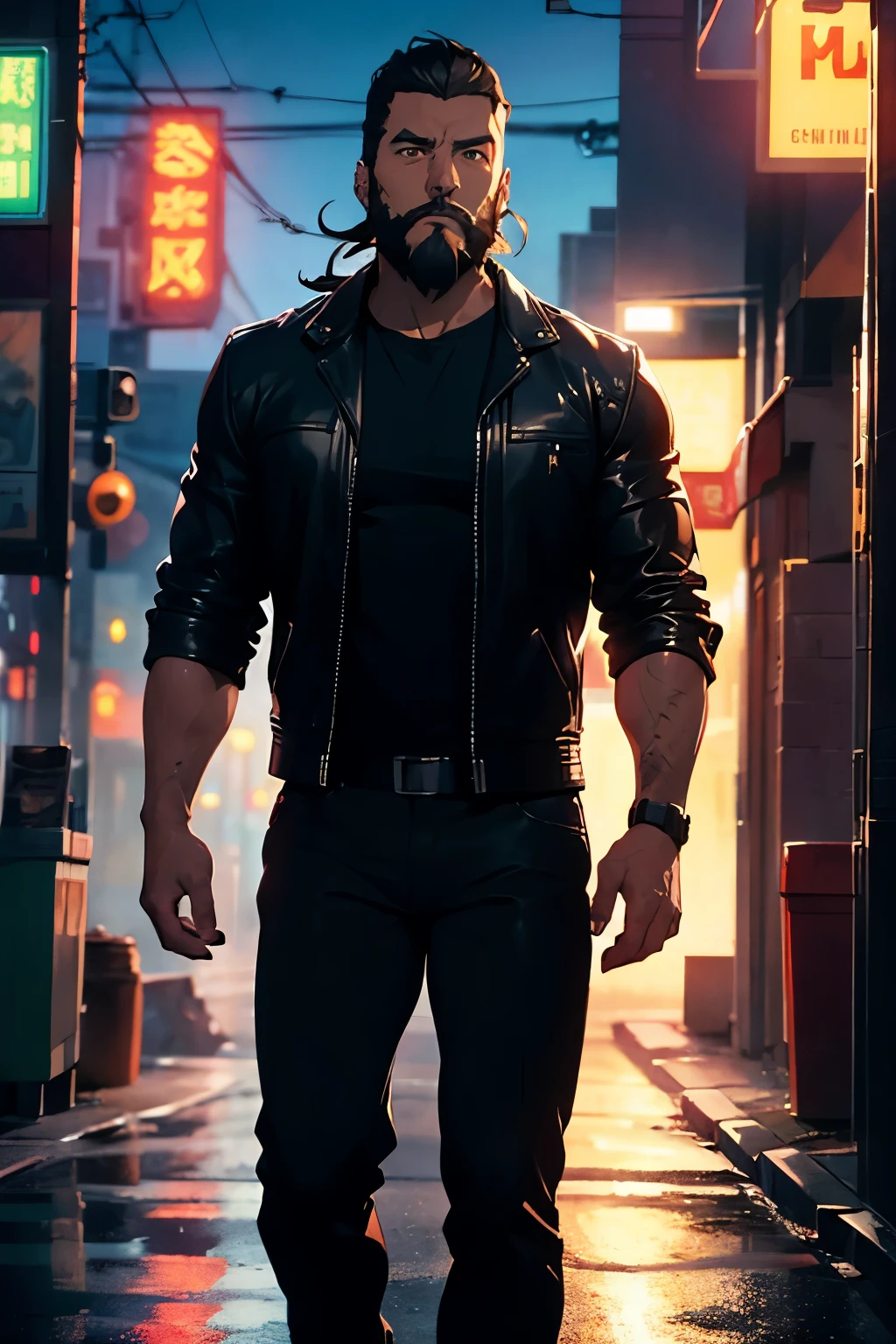 male former cop in a leather jacket, well built, serious tone, ((trimmed beard)), walking toward the camera, guns in hand, city neons ((best quality)), ((masterpiece)), (detailed), digital painting, style of makoto shinkai