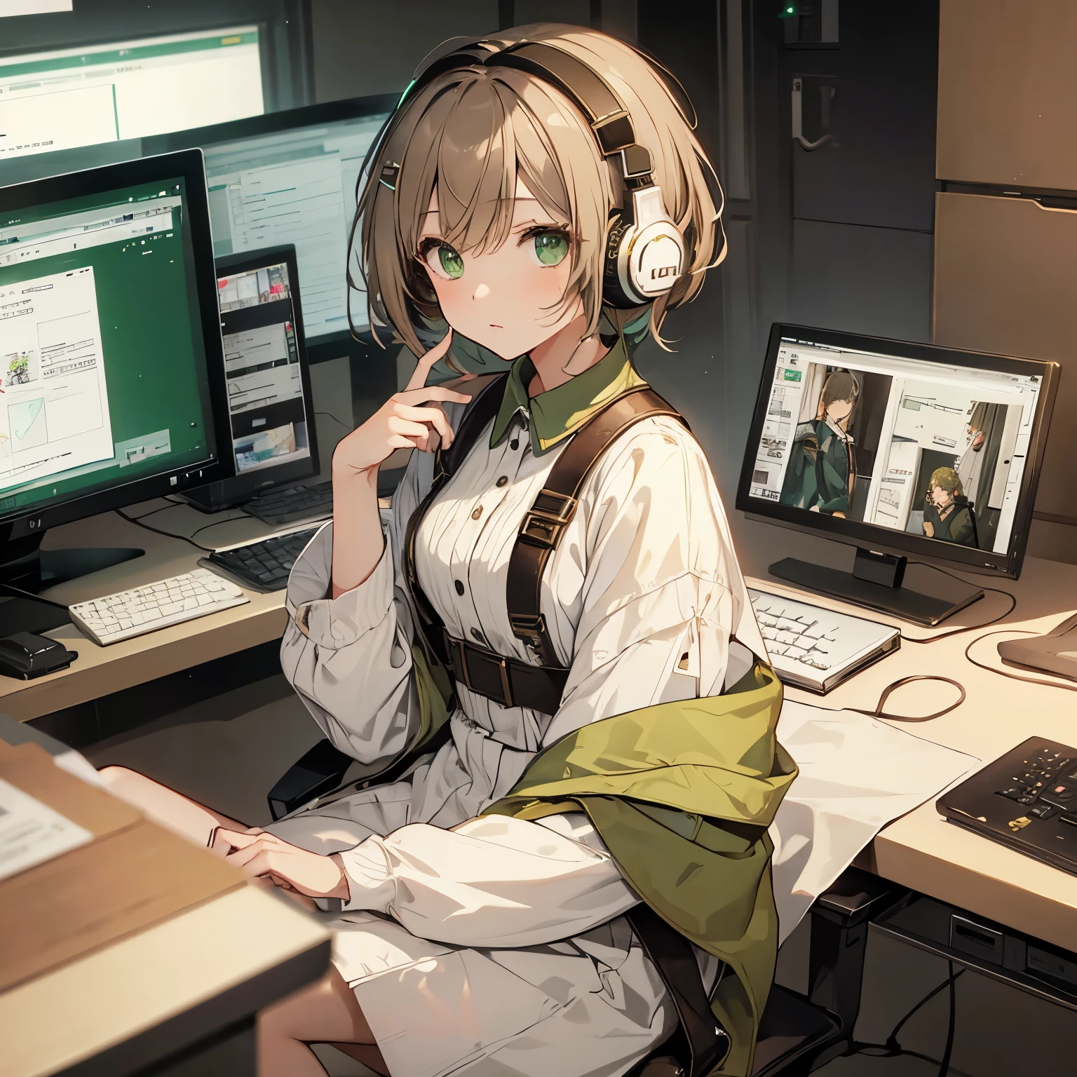 masterpiece、light brown hair、short hair、green eyes、Fashionable clothes、White hair ornament、wearing headphones、computer