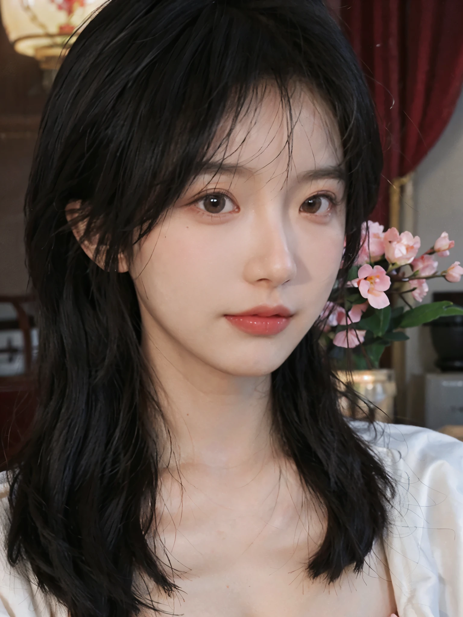 best quality， ultra high resolution， （realistically：1.4）， a girl， A pair of clear and charming peach blossom eyes,Royal sister，a sense of atmosphere，a beautiful girl（faded gray hair：1）， （Big cleavage：1.3）， looking at the audience， Close-up cleavage ，
