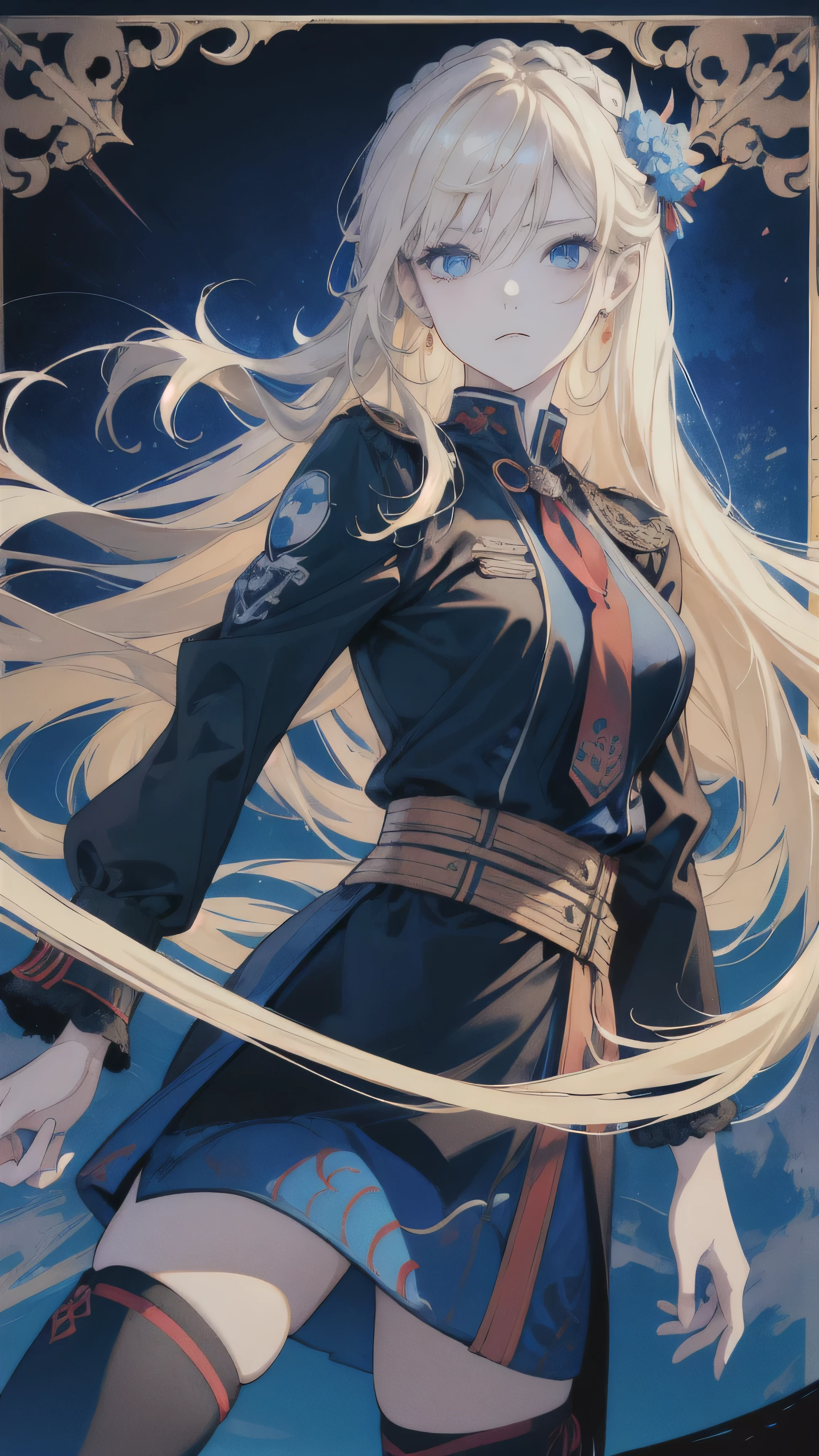 (absurdres, highres, ultra detailed), ONE PIECE CHARACTER 1 girl,  beautiful ,A young woman with flowing blonde hair cascading down her shoulders, framing a face adorned with determined blue eyes. She wears a vibrant red top with a white pirate emblem emblazoned on the chest, paired with fitted black pants and knee-high brown boots.