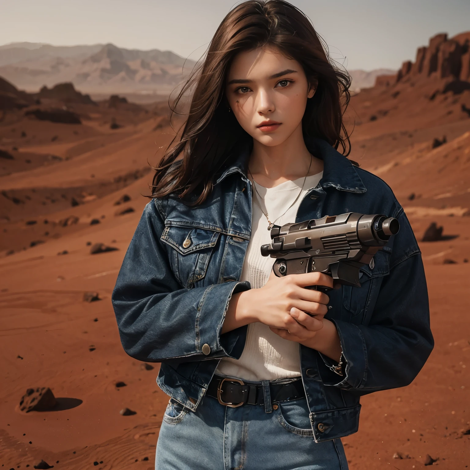 A beautiful woman. eighteen. She has dark brown hair. She is wearing blue jeans and a jacket. She is looking at the camera with a tense expression. She holds a small ray gun in one hand. She stands in a reddish-brown wasteland reminiscent of Mars.