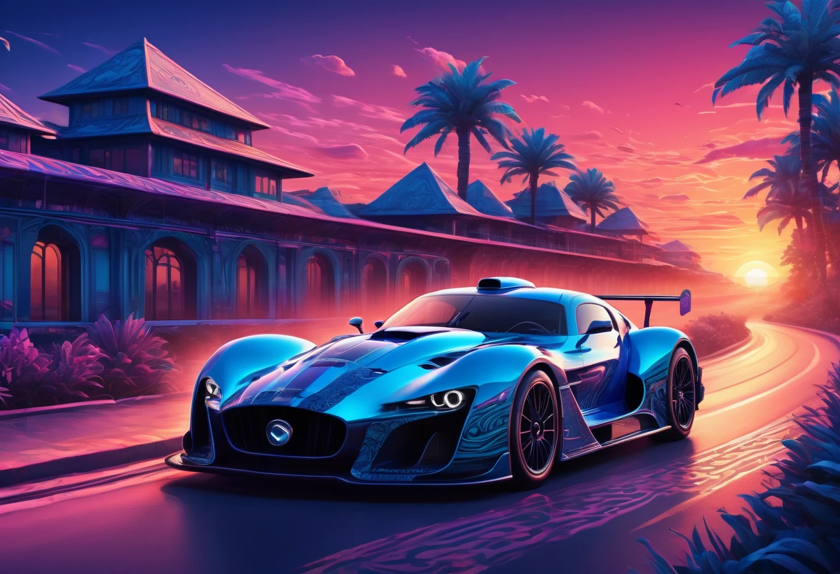 (best quality, highres), Marija,stunning and magical woman driving a mgical old racing car, magical sunset, vaporwave old school racing car, on the road, speed,  in blue tones, zentangle, 3d crunch, cinematic,