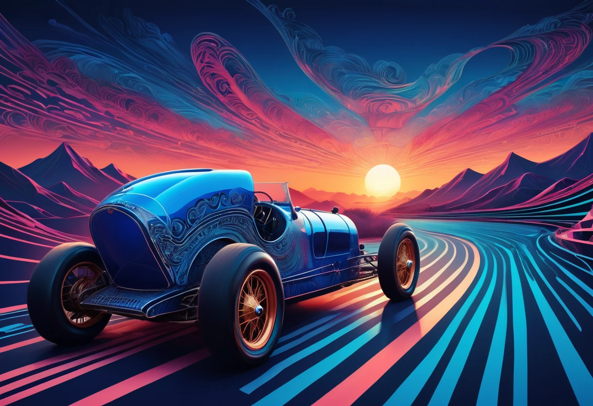 (best quality, highres), Marija,stunning and magical woman driving a mgical old racing car, magical sunset, vaporwave old school racing car, on the road, speed,  in blue tones, zentangle, 3d crunch, cinematic,
