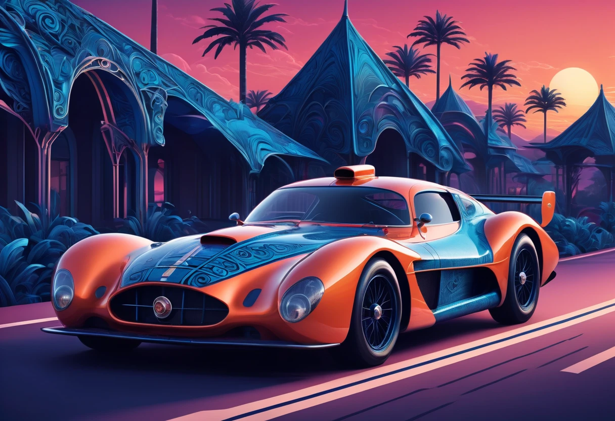 (best quality, highres), Marija,stunning and magical woman driving a mgical old racing car, magical sunset, vaporwave old school racing car, on the road, speed,  in blue tones, zentangle, 3d crunch, cinematic,