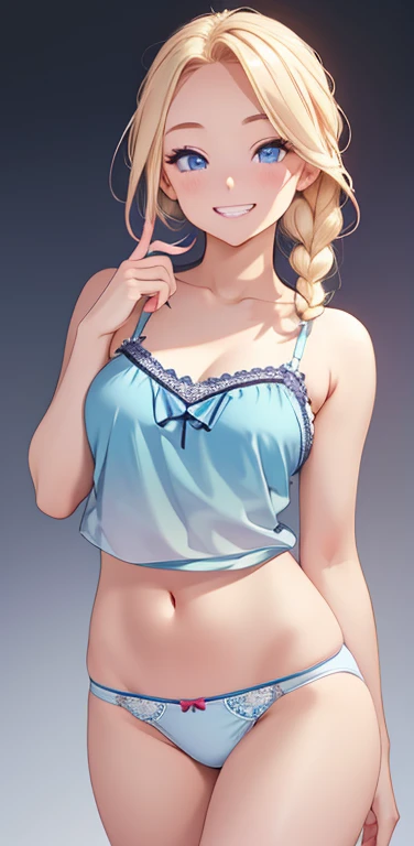 Realistic、1house wife、blonde hair、braid、blue eyes、(eye focus:1.3,face focus,upper body),(gradient eyes:1.3),(camisole　sexy　panties
)、open mouth,(grin:1.3),forehead,cute face、finger to mouth,