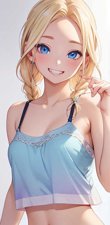 Realistic、1house wife、blonde hair、braid、blue eyes、(eye focus:1.3,face focus,upper body),(gradient eyes:1.3),(camisole　sexy　panties
)、open mouth,(grin:1.3),forehead,cute face、finger to mouth,