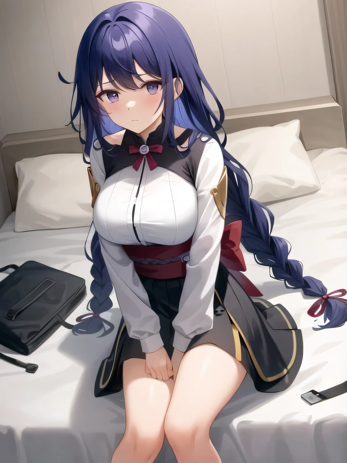 (masterpiece, best quality, super detailed), General Thunder \(Genshin Impact\), (#4143 color hair), Scan your bangs, long hair braids, braid bangs, purple eyes,,
(long skirt), Sitting on hotel bed,Black,
big breasts, Put your arms behind your back, shy face, Strong and seductive expression.