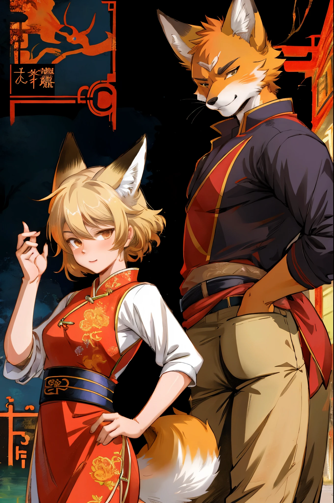 A doujinshi cover with a young male detective and a fox woman in a Chinese dress back to back, furry, kemono, with some elements of 007, battle manga,