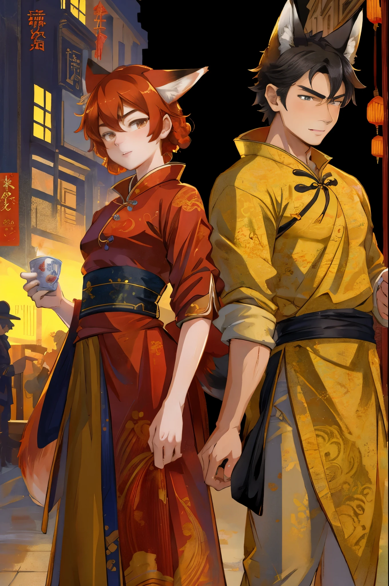 A doujinshi cover with a young male detective and a fox woman in a Chinese dress back to back, furry, kemono, with some elements of 007, battle manga,