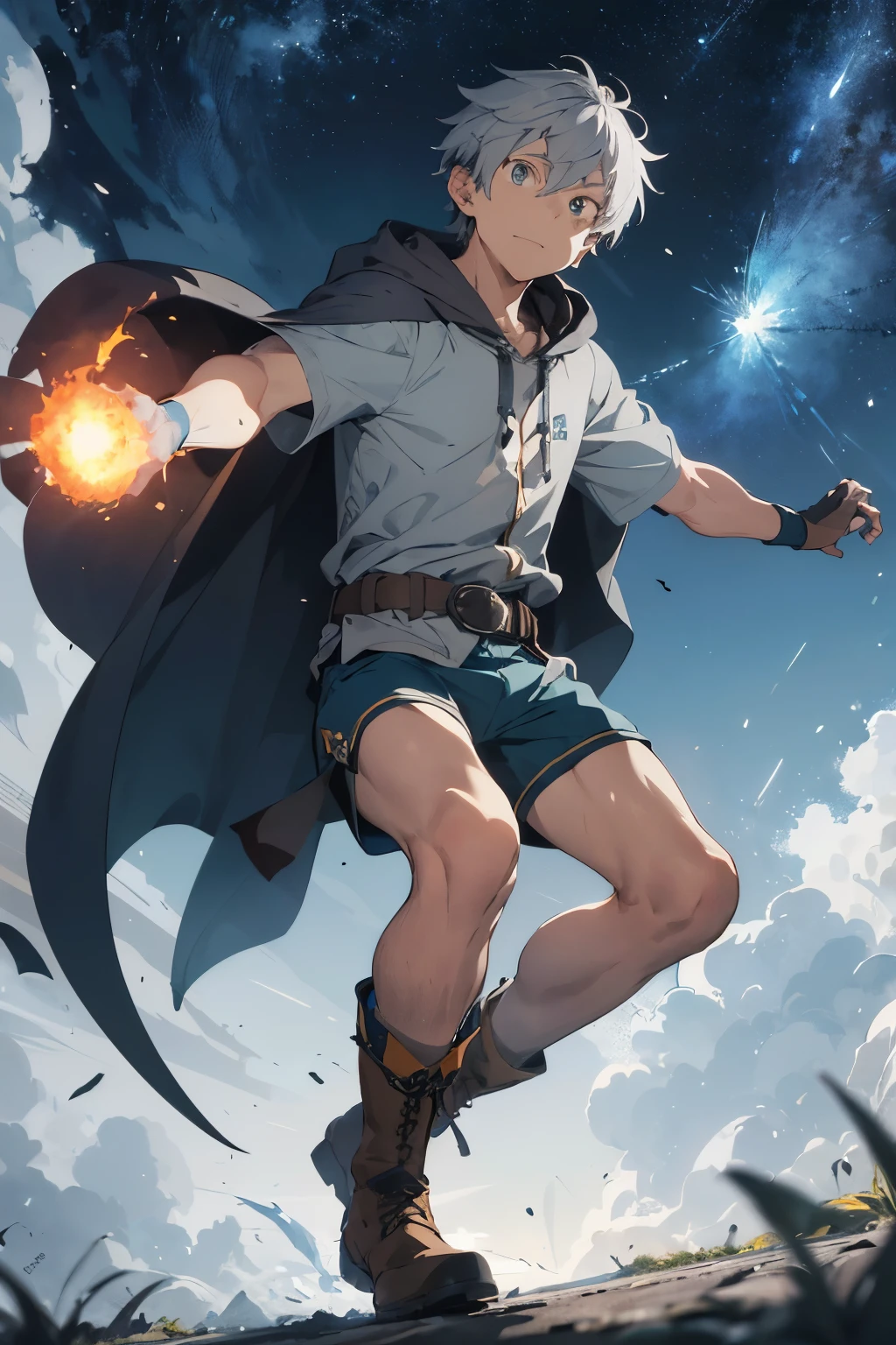 Design 1 man throwing a fireball, 22 year old man with dark blue hood and cape.Light gray hair Gray eyes Wearing a white button-down shirt Wearing green shorts Wearing a brown belt Wearing short brown boots Wearing blue gloves on your hands. Crea un fondo de llamas ((mejorar rostro))