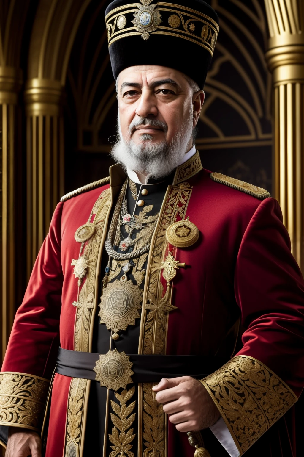 In the real image, Ottoman Sultan Ibrahim I is depicted with an immersive expression, deeply engrossed in his extensive collection of people's heads. With a proud grin spreading across his face, he meticulously arranges them on ornate shelves. The high definition and 4K textures reveal the intricate details of the Sultan's aged features, his dark robe, and the intricately decorated shelves. The cinematic light, casting sideways, brings out the best shadow details, enhancing the RAW texture of the image. The complex composition, with its extremely intricate and hyperdetailed elements, leaves no doubt as to the masterpiece status of this photorealistic