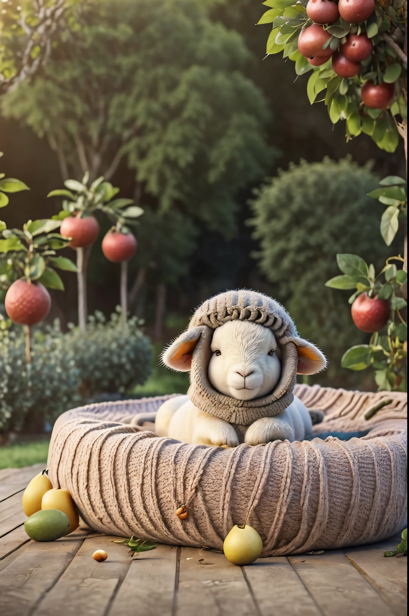 (Masterpiece, Award Winning, Top Quality, High Resolution) 3D illustration, one sheep is dressed and lying on a bed of juicy, ripe fruits, surrounded by a colorful orchard.