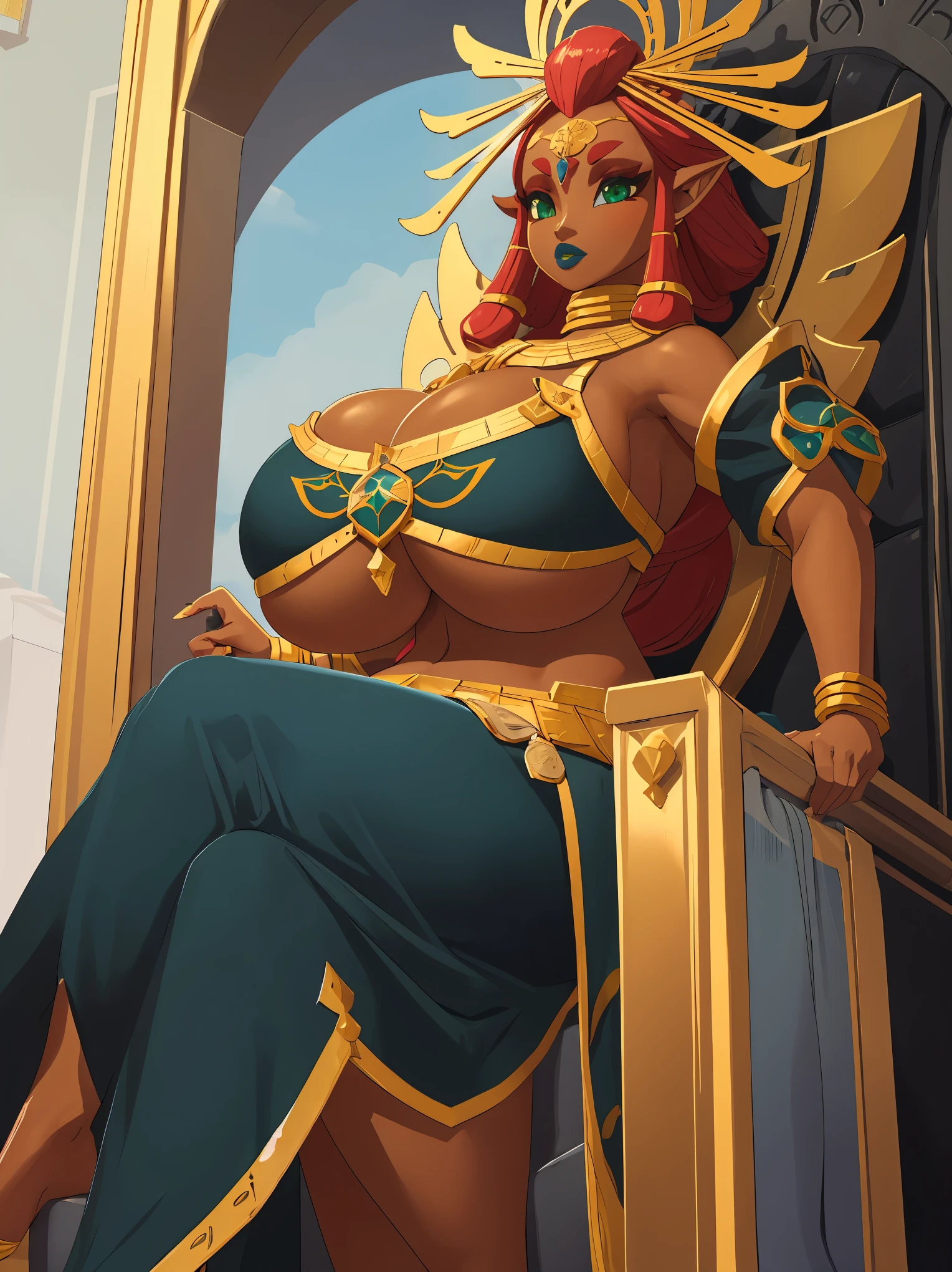 (((gigantic breasts))), green eyes, dark blue lips, sitting on a throne, Riju