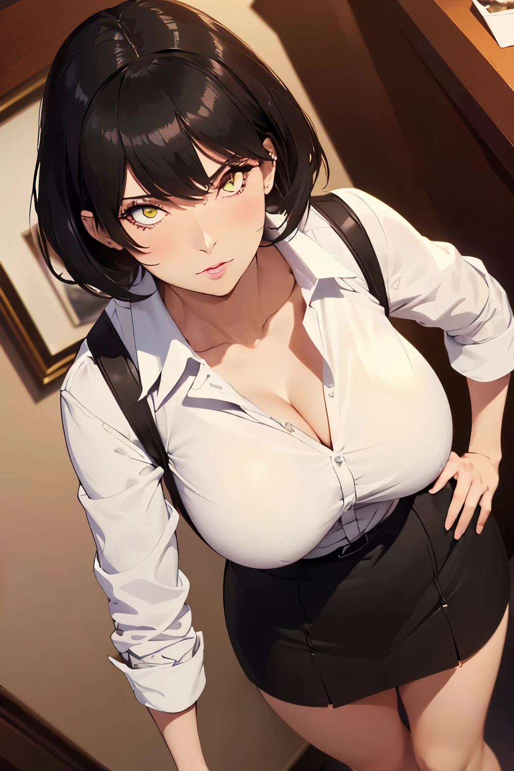 (masterpiece, best quality, detailed illustration, high resolution), ((1girl, solo)), ((huge breasts, large breasts, slim waist, long legs, fit body, toned body)), ((black hair)), ((white shirt, skirt, red suit)), ((full body, closeup view)), ((standing)), ((looking at the viewer, facing the viewer)), office setting, ((fair skin)), oiled skin, ((large breasts, mature woman, mature female, mature lady)), yellow eyes, (short hair), (detailed eyes), ((standing)),