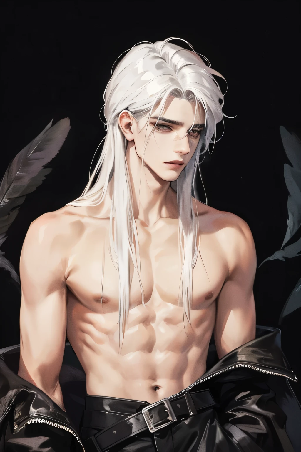 cover for a book, photography of a dark angel sexy man, a solo man, (((man))), (masculine face), 25 years old, angel, big bad boy, (black eyes), expressive look, long white hair, black feathers, (((dark background))), shine hair, unshaven, shirtless, super detailed face, perfect body, perfect shapes, realistic image, award winning photography, 8k,