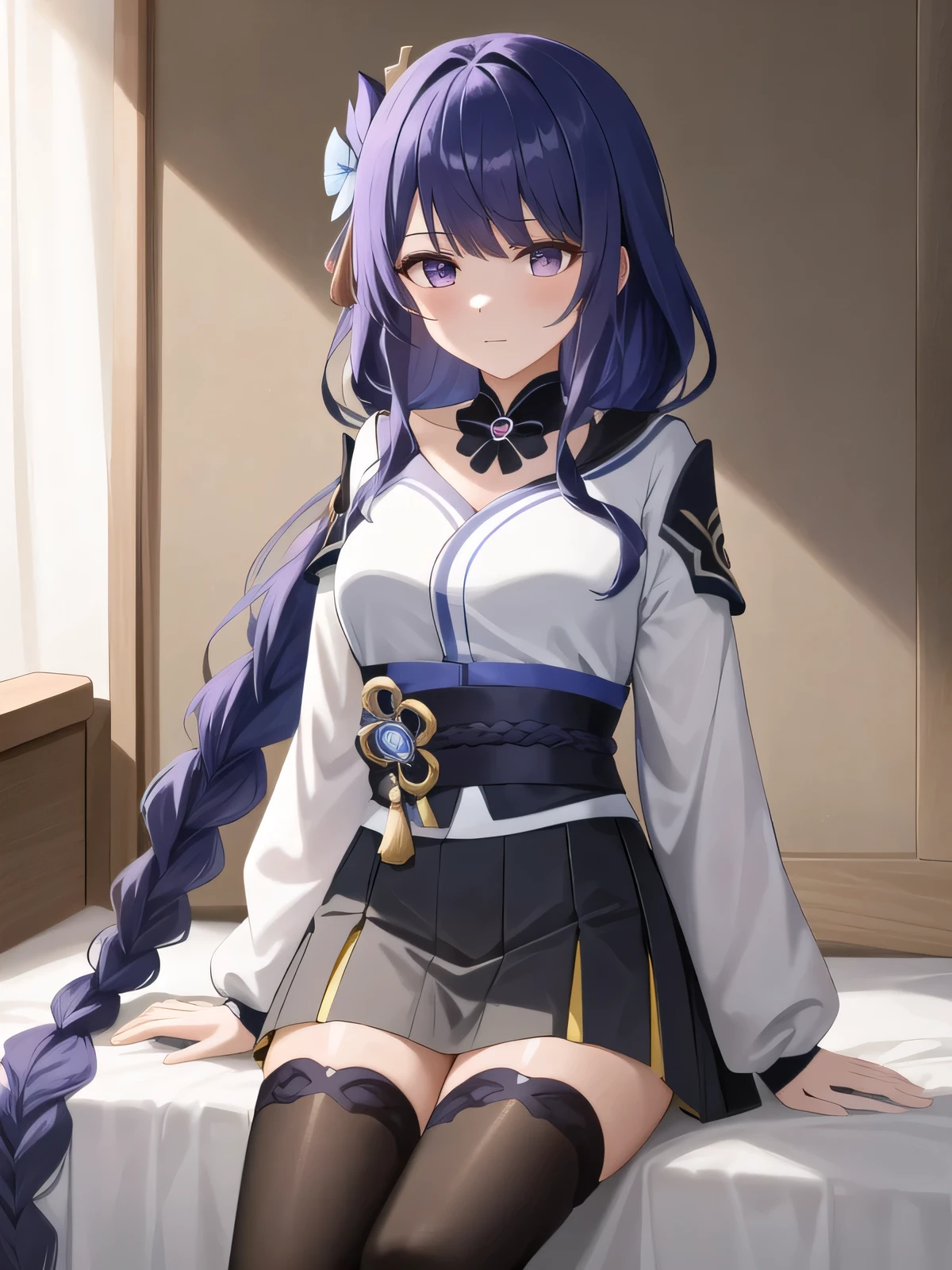 (masterpiece, best quality, super detailed), General Thunder \(Genshin Impact\), (#4143 color hair), long hair braids, Bangs, purple eyes,,
(long skirt), Sitting on hotel bed,Black，big breasts, Put your arms behind your back, shy face, Strong and seductive expression.