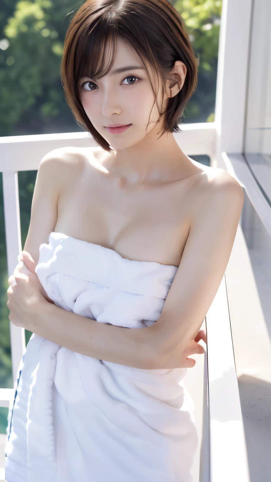 2 women、(masterpiece:1.3), (8K, Photoreal, Raw photo, best image quality: 1.4), Japanese, (2 girls), beautiful face, (lifelike face), (short hair:1.3), beautiful hairstyle, realistic eyes, beautiful eyes, (real looking skin), beautiful skin, Charm, 超A high resolution, surreal, high detail, golden ratio, detail makeup,see the beholder,medium chest、((Naked with a white towel))、wet hair、Face wet with sweat、Sweaty body、trimmed pubic hair、((whole body))、Leaning on the balcony railing and looking outside、Side view