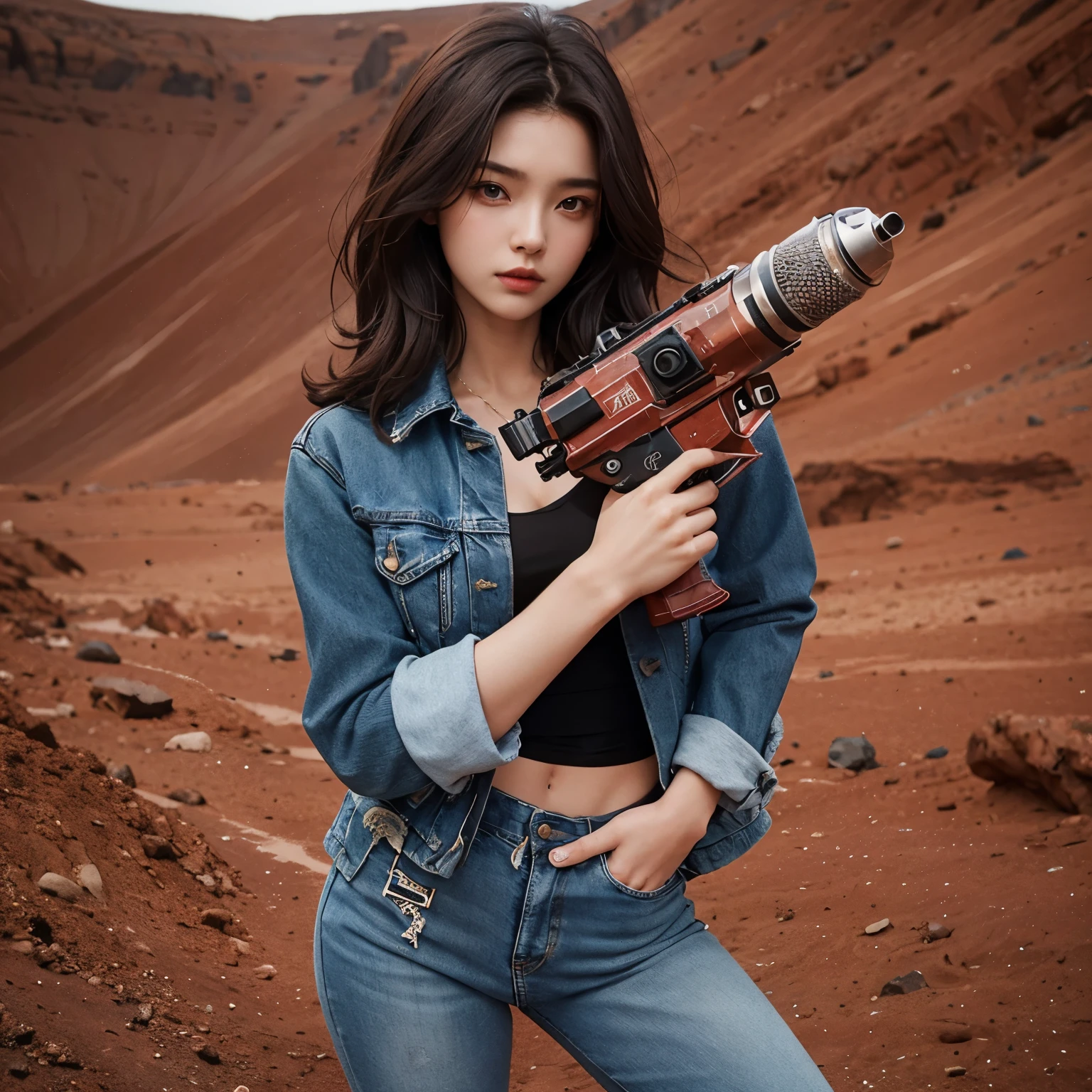 one beautiful woman。eighteen。dark brown hair。she has a defiant look on her face。she wears blue jeans、wearing a jacket。she has a small ray gun。She stands in a wasteland reminiscent of Mars.。