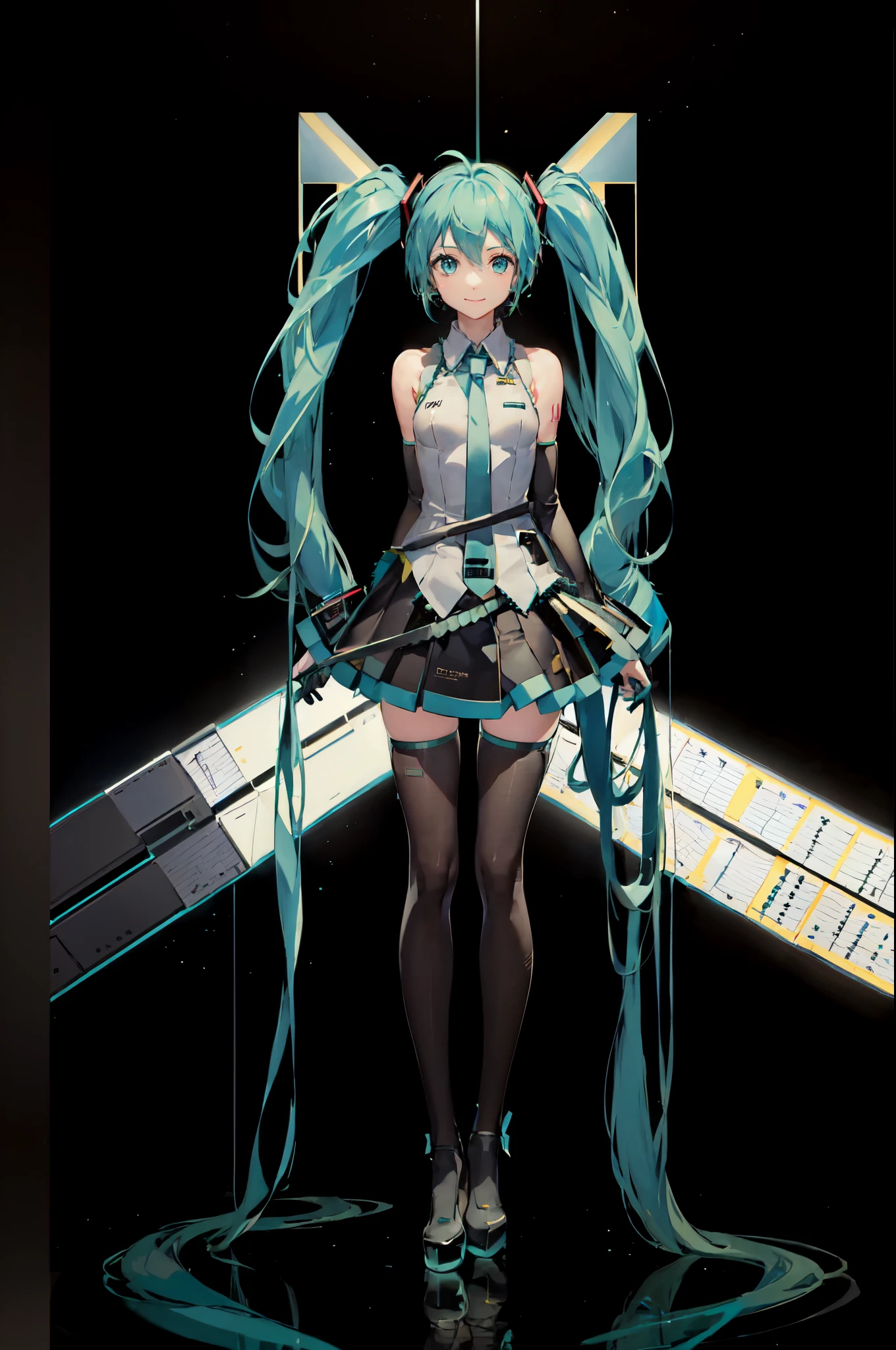 1 girl, smile, (Vocaloid), ((Hatsune Miku)), ((Blue blue-green hair)), (long hair), looking at the viewer, volume lighting, dynamic pose