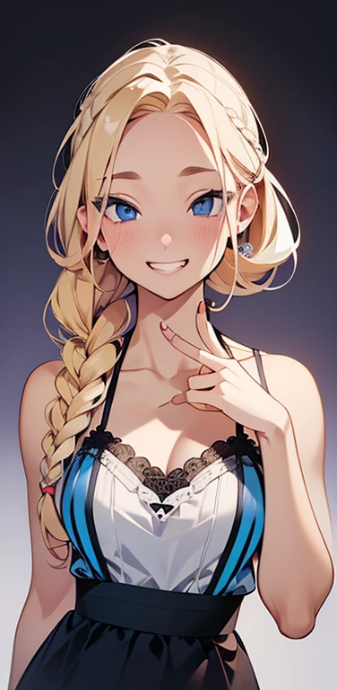 Realistic、1house wife、blonde hair、braid、blue eyes、(eye focus:1.3,face focus,upper body),(gradient eyes:1.3),(camisole　sexy　panties
)、(grin:1.3),forehead,cute face、(hand to face),