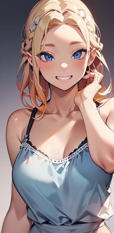 Realistic、1house wife、blonde hair、braid、blue eyes、(eye focus:1.3,face focus,upper body),(gradient eyes:1.3),(camisole　sexy　panties
)、(grin:1.3),forehead,cute face、(hand to face),