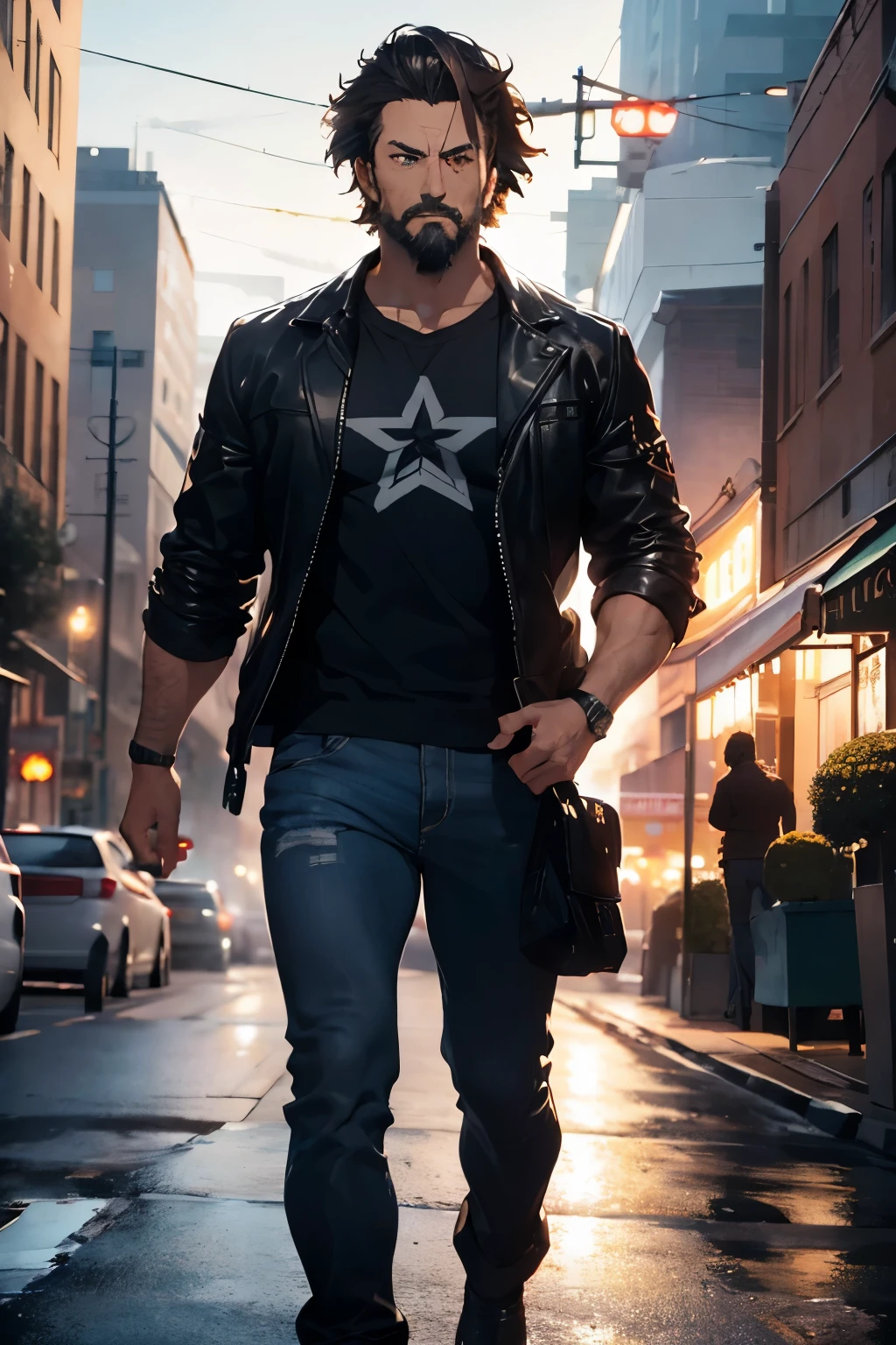 male former cop in a leather jacket, maltese cross on t shirt, well built, serious tone, ((trimmed beard)), (military haircut), walking toward the camera, gun in hand, city neons ((best quality)), ((masterpiece)), (detailed), digital painting, (style of yoji shinkawa)
