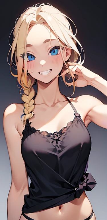 Realistic、1house wife、blonde hair、braid、blue eyes、(eye focus:1.3,face focus,upper body),(gradient eyes:1.3),(bra　sexy　panties
)、(grin:1.3),(single braid),cute face、teeth、(tareme:1.3),(small breasts:1.3),