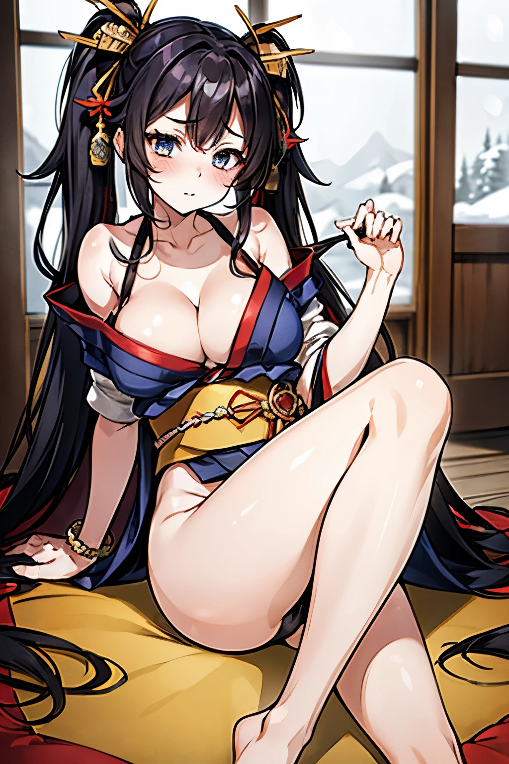 (A girl wearing a mini-length kimono with a red, black, and yellow color scheme), blue eyes, cleavage, red obi, twintail ribbon, bare feet, attractive thighs, beaded bracelet, inside a kamakura in a snowy country, feminine and cute, No makeup, wriggling, blushing, staring.