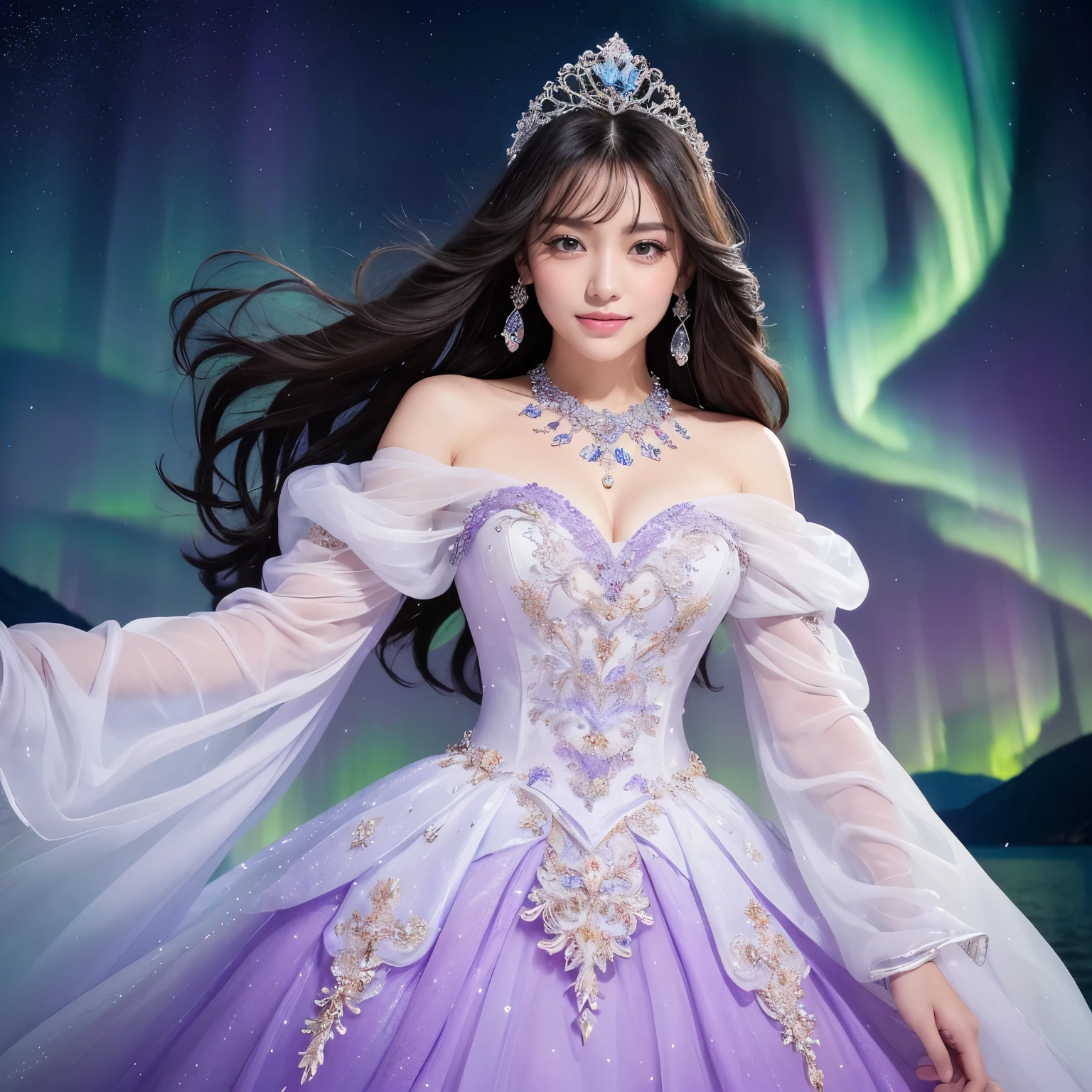 (masterpiece、highest quality、best image quality、8K、Award-winning work)、one goddess、(The most extravagant, sparkling, high-end gigantic costume:1.1)、(The most luxurious and highest quality giant tiara:1.1)、(The most luxurious and highest quality giant necklace:1.1)、(Beautiful white and purple gradation finest goddess costume:1.2)、(Goddess costume with the finest decorations shining in white and purple:1.1)、(Finest goddess costume with perfect white and purple gradation:1.1)、upper body photo、(the best smile looking at me:1.2)、big breasts、Beautiful transparent sleeves of the highest quality、(Finest transparent sleeves with jewel decoration:1.1)、expose one's shoulders、Standing gracefully、the most intricate and luxurious decoration、(large amount of jewelry decoration:1.1)、The most complex and detailed background、(It's snowing:1.1)、fine sparkling snow、(Diamond dust:1.1)、(Tyndall effect:1.1)、(Beautiful aurora spreads across the sky:1.3)、Subtle sparkling snow、beautiful snow scene、(Beautiful shining starry sky:1.1)、(great movie lighting:1.1)、(Beautiful snowy mountains in the distance:1.1)、(View of vast beautiful snowy mountains and lake in the background:1.1)、black brown hair、perfect makeup、long eyelashes、beautiful eyeshadow、(accurate anatomy:1.1)