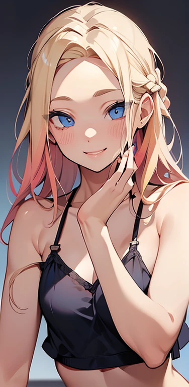 Realistic、1house wife、blonde hair、braid、blue eyes、(eye focus:1.3,face focus,upper body),(gradient eyes:1.3),(camisole　sexy　panties
)、(forced smile:1.3),forehead,cute face、(hand to face),