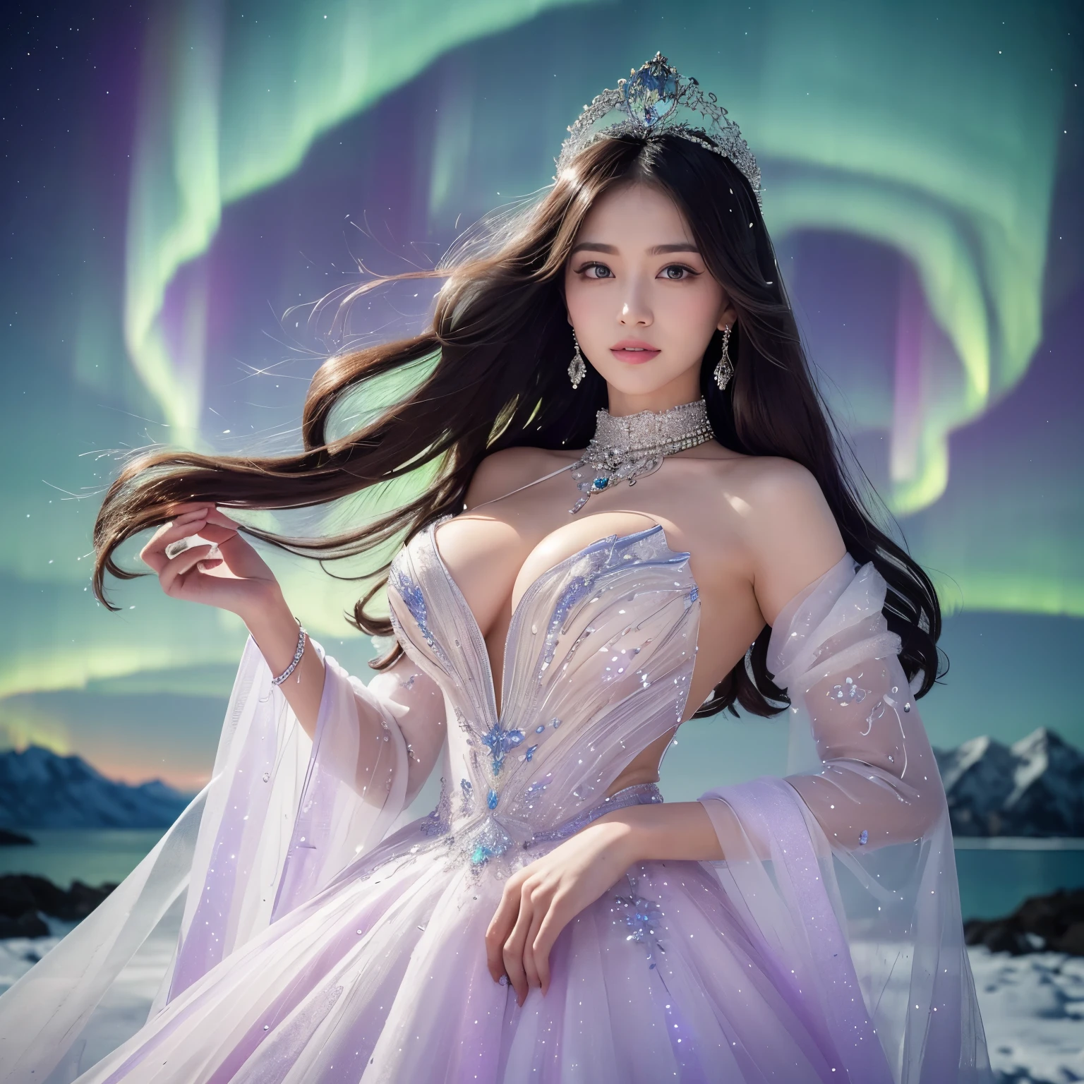 (masterpiece、highest quality、best image quality、8K、Award-winning work)、one goddess、(The most extravagant, sparkling, high-end gigantic costume:1.1)、(The most luxurious and highest quality giant tiara:1.1)、(The most luxurious and highest quality giant necklace:1.1)、(Beautiful white and purple gradation finest goddess costume:1.2)、(Goddess costume with the finest decorations shining in white and purple:1.1)、(Finest goddess costume with perfect white and purple gradation:1.1)、upper body photo、(the best smile looking at me:1.2)、big breasts、Beautiful transparent sleeves of the highest quality、(Finest transparent sleeves with jewel decoration:1.1)、expose one&#39;s shoulders、Standing gracefully、the most intricate and luxurious decoration、(large amount of jewelry decoration:1.1)、The most complex and detailed background、(It&#39;s snowing:1.1)、fine sparkling snow、(Diamond dust:1.1)、(Tyndall effect:1.1)、(Beautiful aurora spreads across the sky:1.3)、Subtle sparkling snow、beautiful snow scene、(Beautiful shining starry sky:1.1)、(great movie lighting:1.1)、(Beautiful snowy mountains in the distance:1.1)、(View of vast beautiful snowy mountains and lake in the background:1.1)、black brown hair、perfect makeup、long eyelashes、beautiful eyeshadow、(accurate anatomy:1.1)