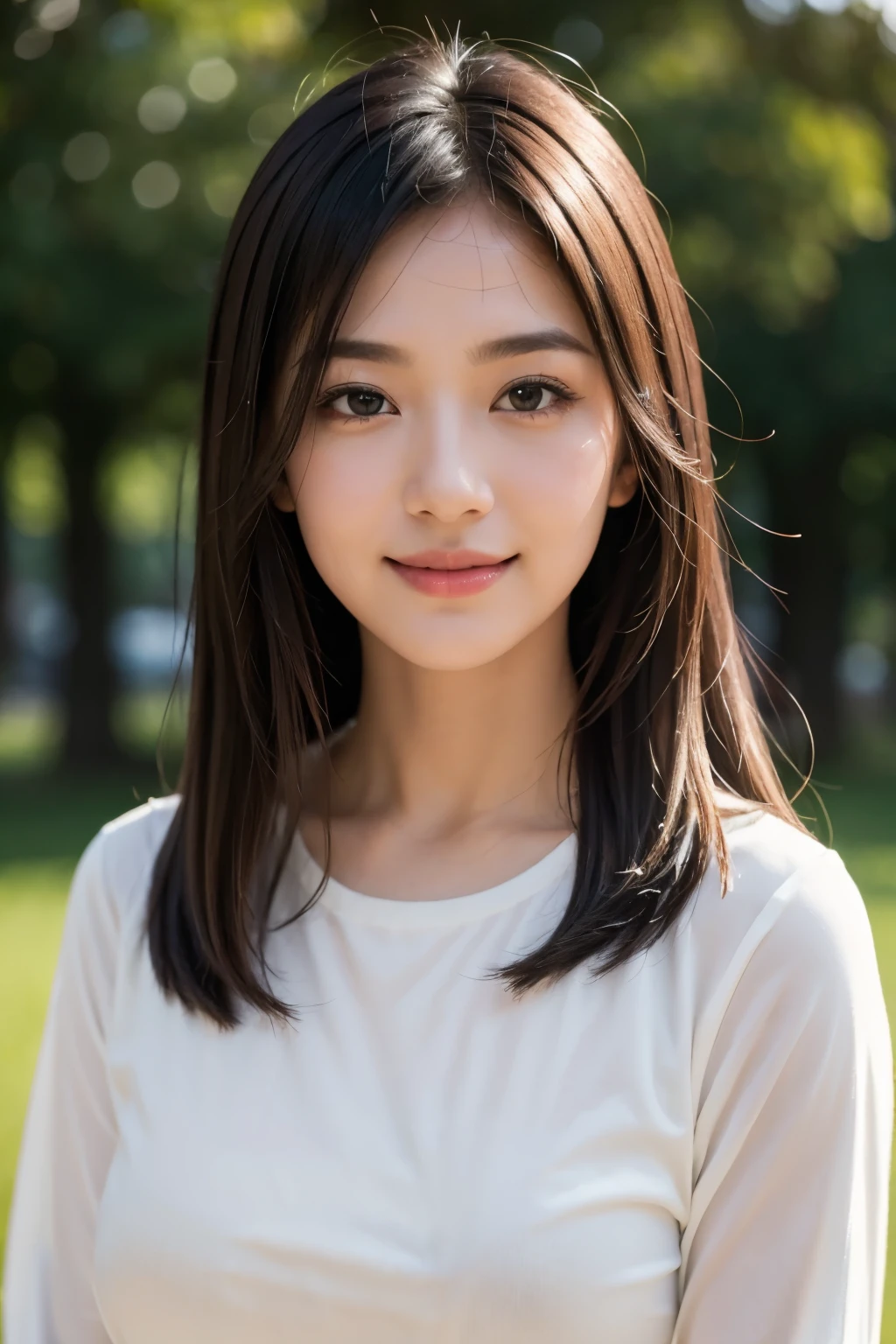 (highest quality,masterpiece:1.3,ultra high resolution),(Super detailed,caustics,8k),(realistic:1.4,RAW shooting),1 girl,(Look at the camera with a smile),Lens 135mm f1.8,(highest quality)、Clear type、against the background of nature、grass、cute、winter