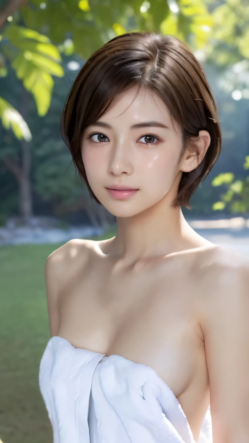 2 women、(masterpiece:1.3), (8K, Photoreal, Raw photo, best image quality: 1.4), Japanese, (2 girls), beautiful face, (lifelike face), (short hair:1.3), beautiful hairstyle, realistic eyes, beautiful eyes, (real looking skin), beautiful skin, Charm, 超A high resolution, surreal, high detail, golden ratio, detail makeup,see the beholder,medium chest、((Naked with a white towel))、wet hair、Face wet with sweat、Sweaty body、trimmed pubic hair、((whole body)、walk around the campsite