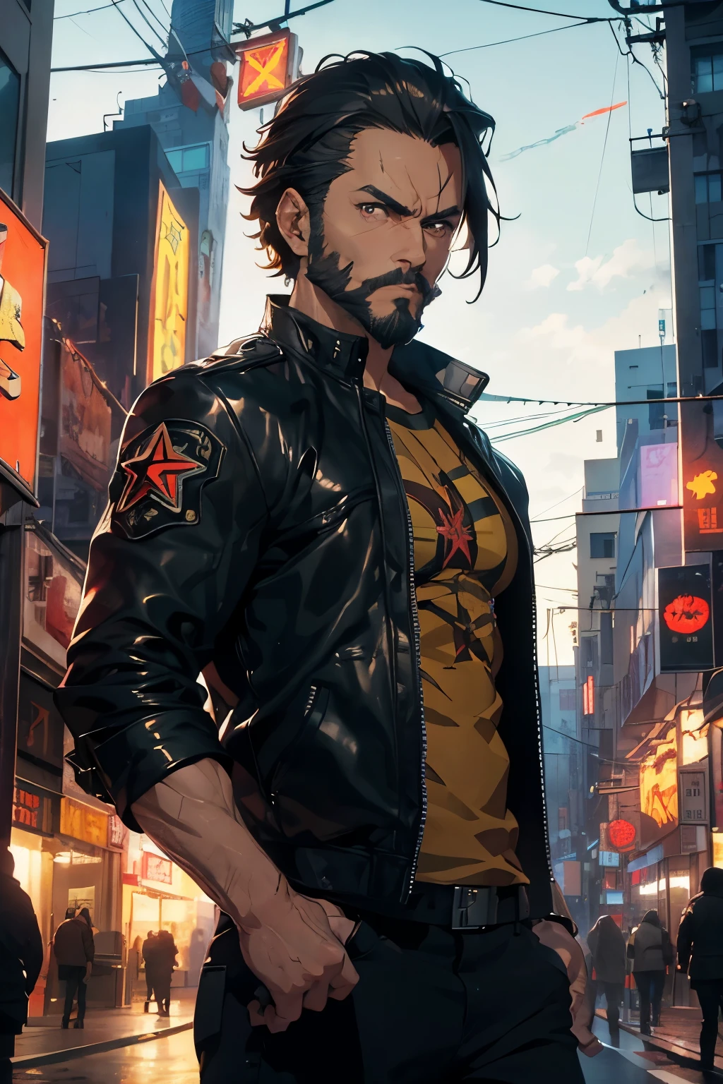 male former cop in a leather jacket, ((maltese cross tshirt)), well built, serious tone, (trimmed beard), (military haircut), walking toward the camera, gun in hand, city neons ((best quality)), ((masterpiece)), (detailed), digital painting, (style of yoji shinkawa)