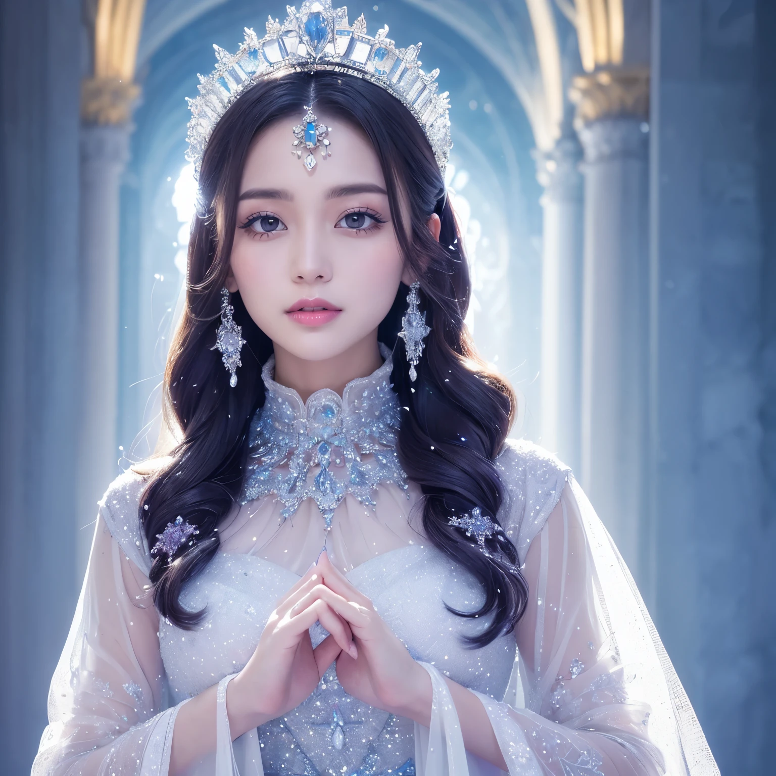 (masterpiece、highest quality、best image quality、8K、Award-winning work)、one goddess、(The most extravagant, sparkling, high-end gigantic costume:1.1)、(The most luxurious and highest quality giant tiara:1.1)、(The most luxurious and highest quality giant necklace:1.1)、(Beautiful white and purple gradation finest goddess costume:1.2)、(Goddess costume with the finest decorations shining in white and purple:1.1)、(Finest goddess costume with perfect white and purple gradation:1.1)、upper body photo、(the best smile looking at me:1.2)、big breasts、Beautiful transparent sleeves of the highest quality、(Finest transparent sleeves with jewel decoration:1.1)、expose one's shoulders、Standing gracefully、(The most luxurious palace made of ice:1.1)、(The most elaborate and luxurious sparkling ice palace cathedral:1.2)、(Inside the most fantastic giant palace made of ice:1.2)、(The most fantastic cathedral made of intricate glowing ice:1.2)、(beautiful transparent ice:1.1)、(Mysterious fairy tale light blue fog:1.15)、The background is a detailed ice palace、beautiful ice ceiling、(A palace made of intricately shining transparent ice:1.2)、(Elegant palace pillars made of ice:1.05)、the most intricate and luxurious decoration、(large amount of jewelry decoration:1.1)、最もComplex and detailed background、(It's snowing:1.1)、fine sparkling snow、(Tyndall effect:1.1)、Subtle sparkling snow、(great movie lighting:1.1)、perfect makeup、long eyelashes、beautiful eyeshadow、(accurate anatomy:1.1)、Natural forehead、Complex and detailed background、the most delicate shine、background with depth、low contrast、(Surrounded by soft light:1.1)