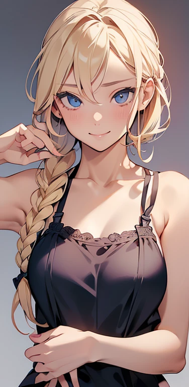 Realistic、1house wife、blonde hair、braid、blue eyes、(eye focus:1.3,face focus,upper body),(gradient eyes:1.3),(camisole　sexy　panties
)、(forced smile:1.3),single braid,cute face、(hand to face),