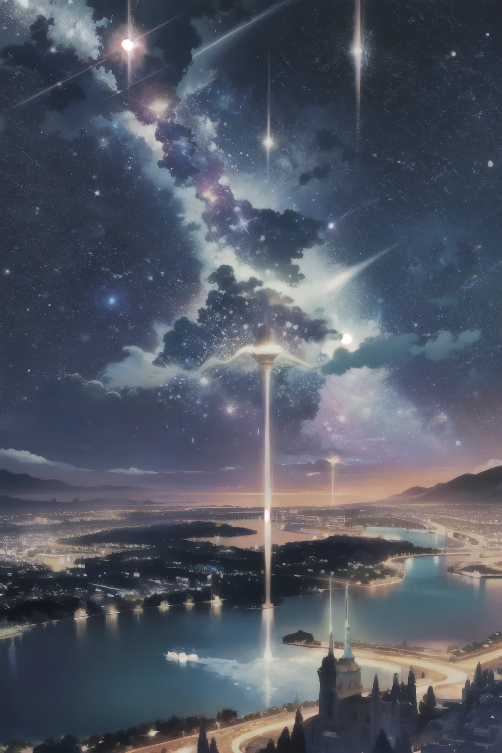 masterpiece, masterpiece, Super detailed, Meteors, comet, moon, starry sky, lake reflection, a dream-like scene, Colorful Trees々, anime cg, Exquisite images