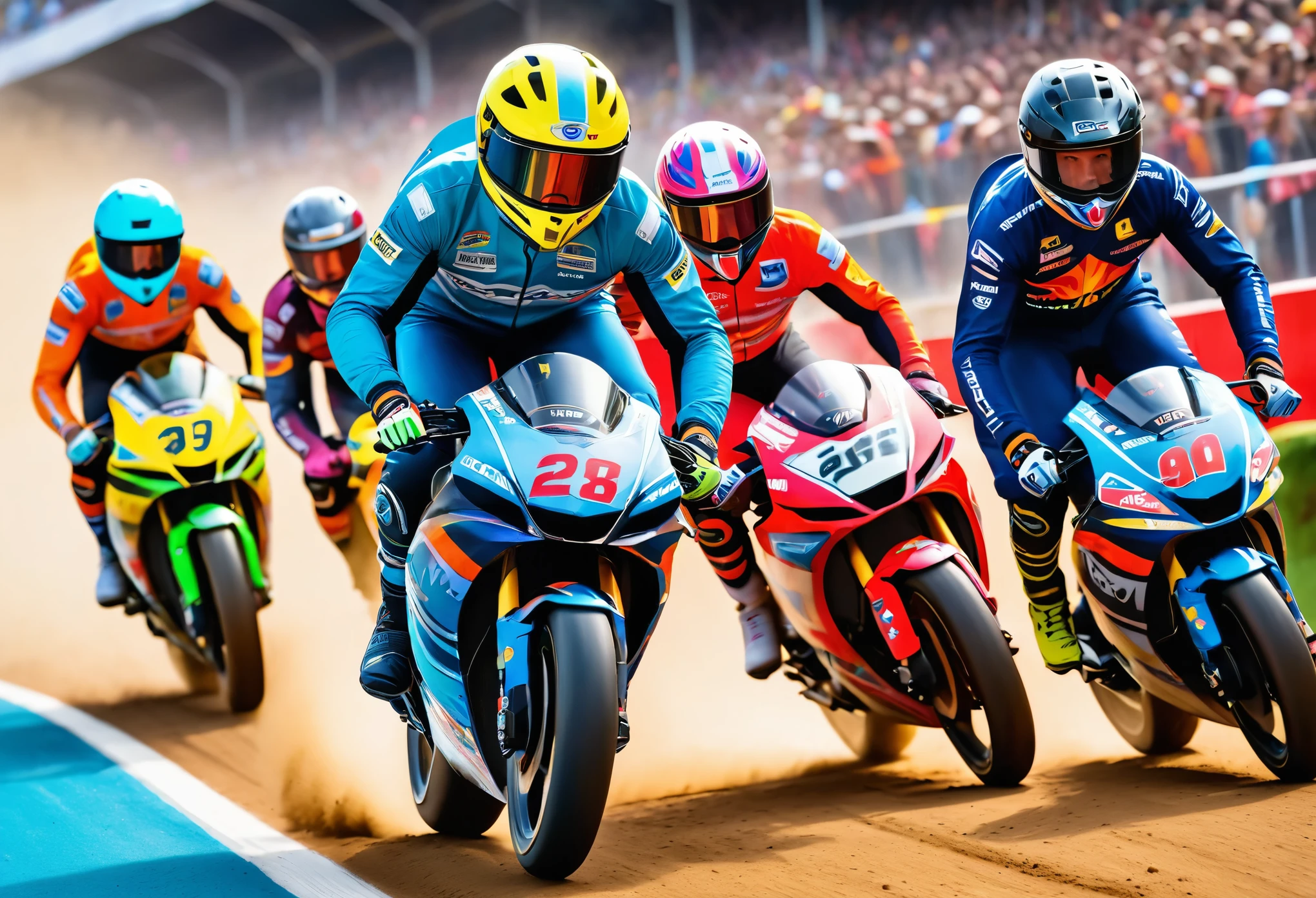 vibrant crowd, fast-paced action, spacious track, intense competition, enthusiastic supporters, colorful helmets, dynamic movement, thrilling turns, adrenaline rush, photo-realistic details, high-resolution, vibrant colors, dynamic lighting, joyful atmosphere, competitive spirit