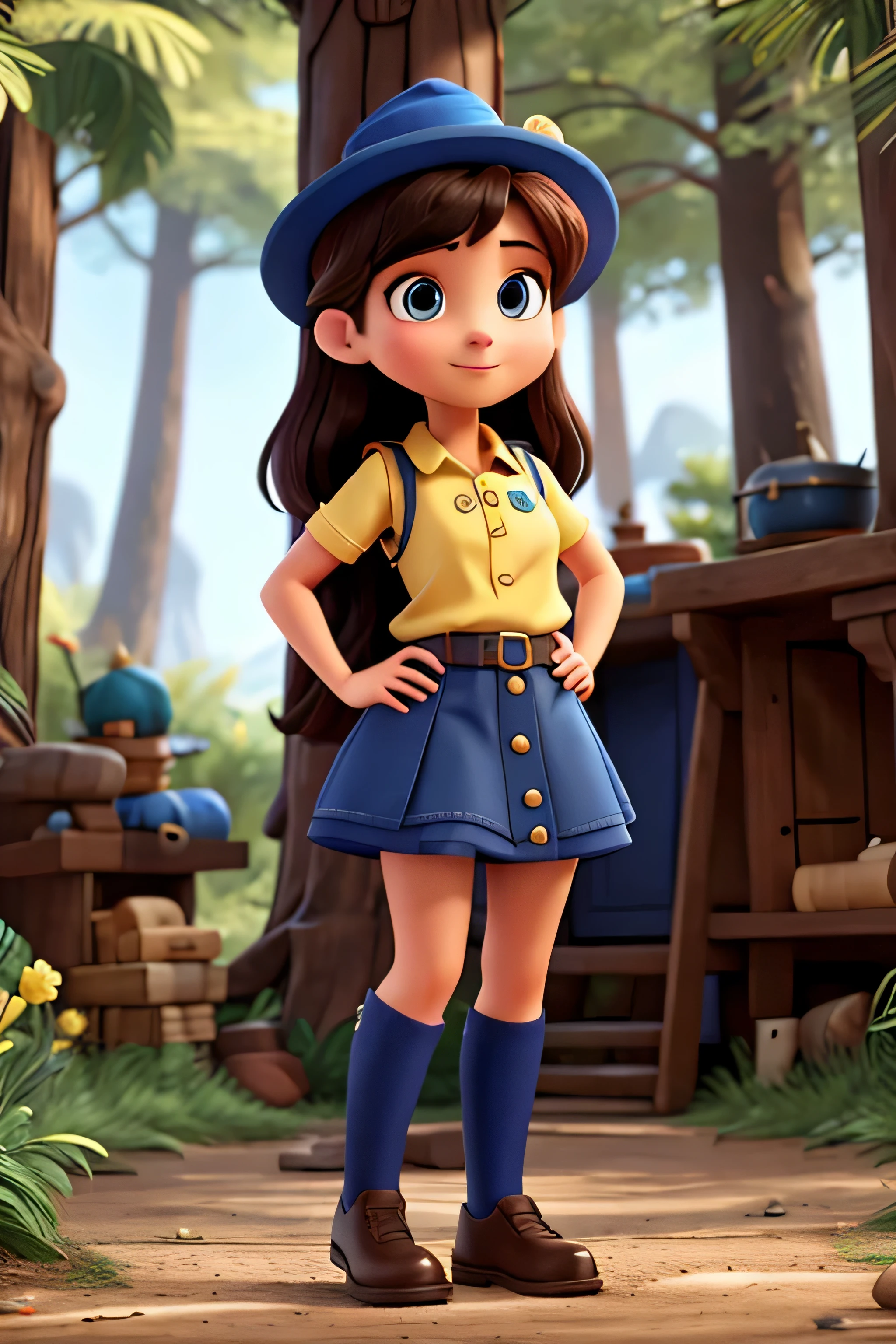 Elegant  female Disney Pixer avatar, cuerpo completo, con sombrero de duende azul oscuro en la cabeza, Chaleco de duende azul oscuro con botones dorados, camisa amarilla, falda azul oscuro, zapatos marrones, con joyas en la mano y una olla llena de diamantes en el bosque.