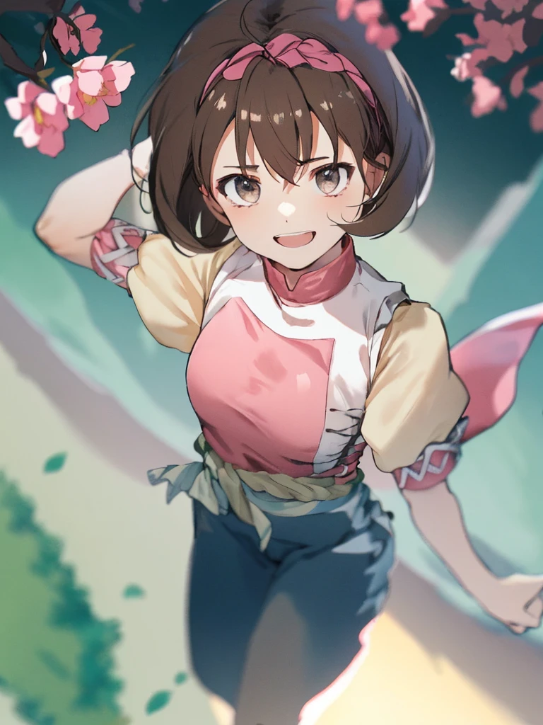 1girl, female, solo, young adult, medium hair length, soft wave, brown hair color, pink highlights in hair, deep brown eye color, happy expression, pink chinese clothes, yellow sleeves, cyan pants, pink headband, braid headband, pastel tones, full body, pink, cyan, sakura background, chinese background, outdoors, peach, looking backwards, a dynamic pose, saluting, waving hand, hello, deatiled background, detailed eyes, masterpiece, absurd quality,