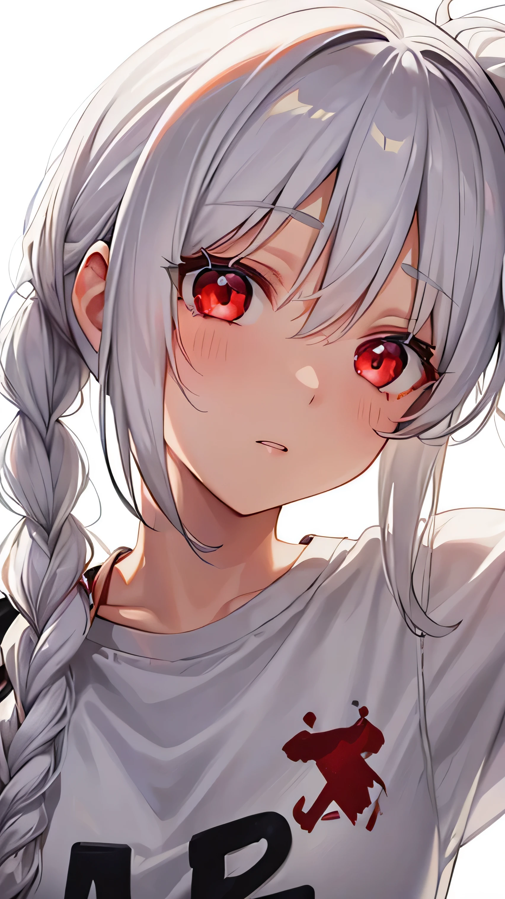 Girl, white hair, ponytail long hair, red eyes, cute girl,braid hair, white background, t-shirt, big breast, detail face